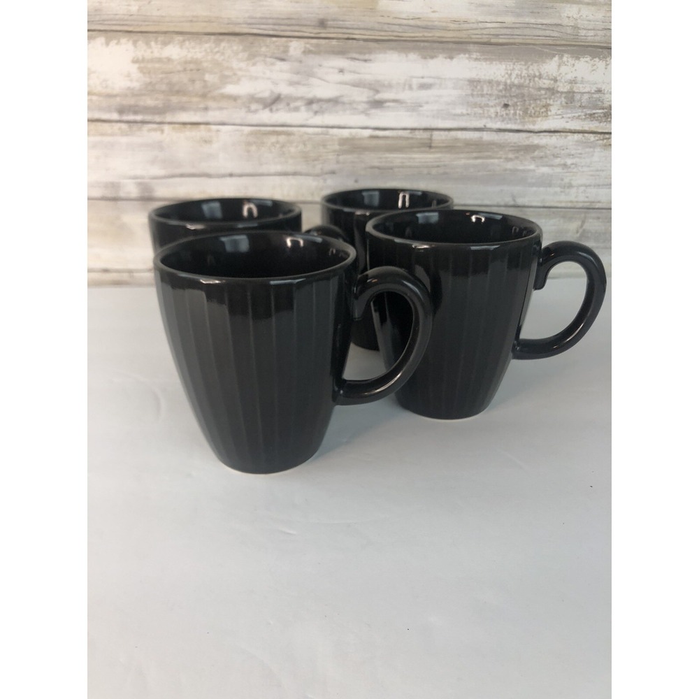 West Elm Ribbed Gray  Black Coffee or Tea Mugs Set of 4
